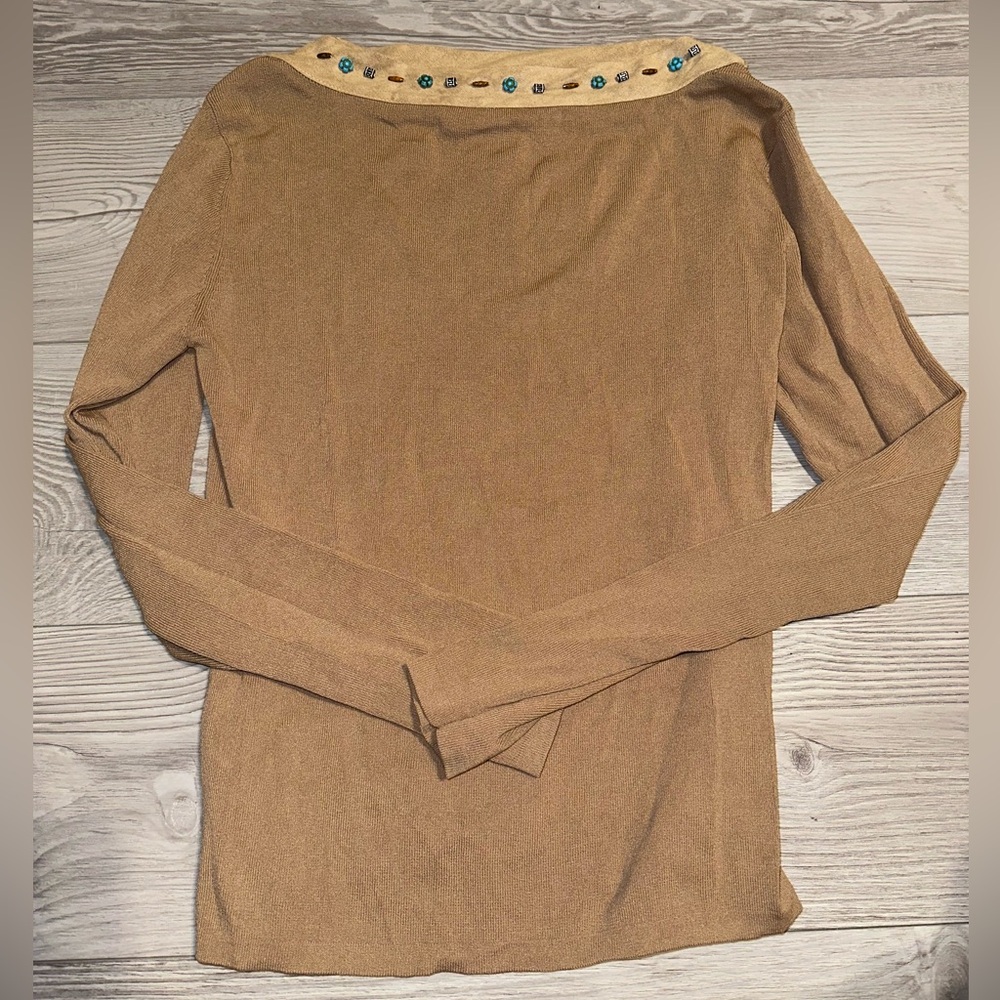 Vintage Joseph A Brown Beige Tan Boat Neck Beaded Sweater Long Sleeve, Size L